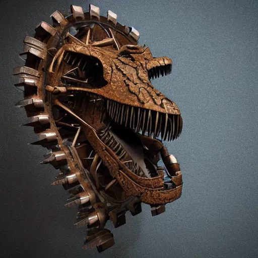 Prompt: a t-rex made of rusty gears, octane render, 3D