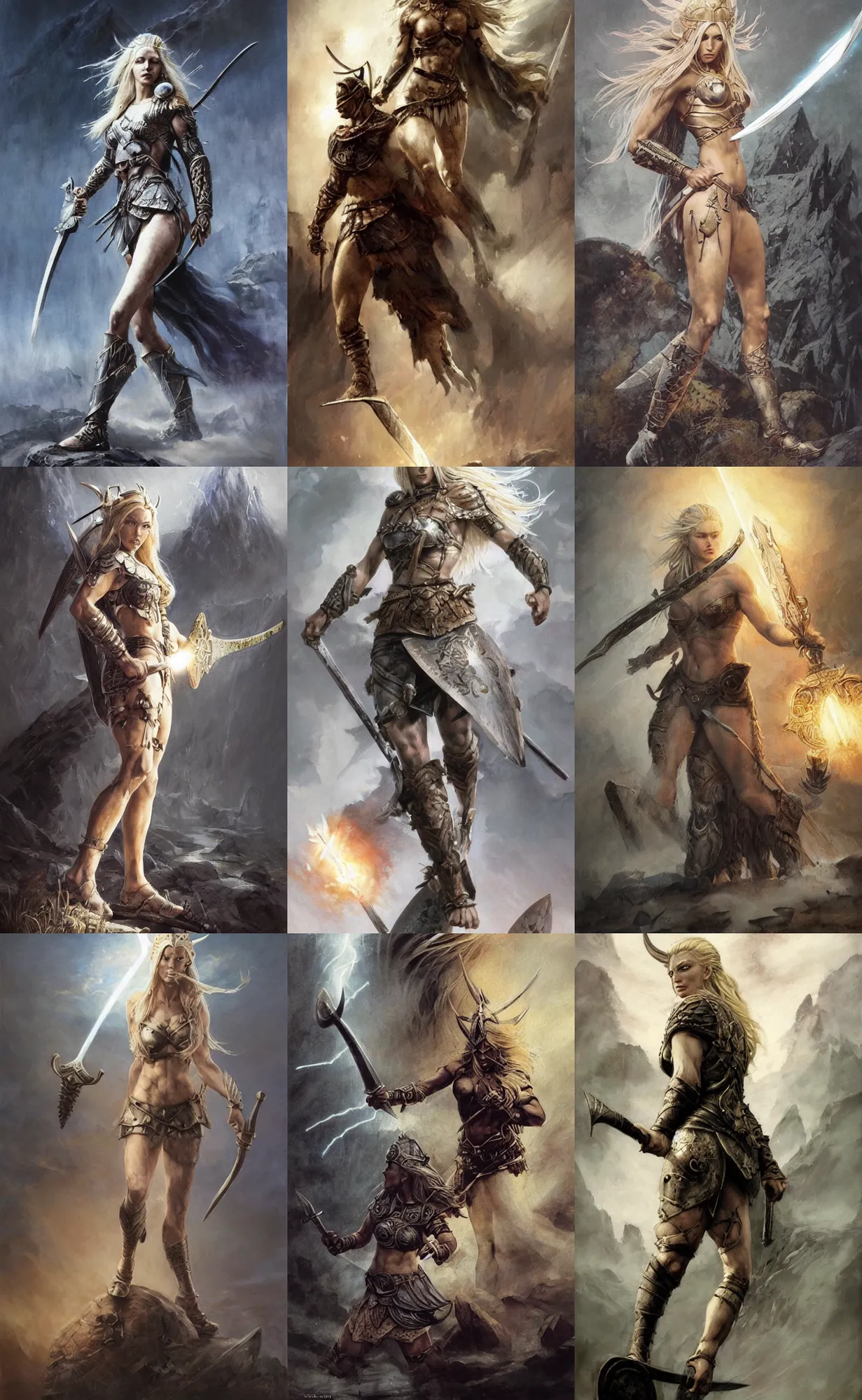 Prompt: A mixed media painting of the beautiful blonde viking goddess of war with a sword of lightning walking away into battle, very aesthetic, detailed face, by Frank Frazetta, Greg Rutkowski, Boris Vallejo, Beeple, Yoko Taro, Christian MacNevin, epic fantasy character art, goddess of anger, viking runes, elven, high fantasy, CGsociety, full length, exquisite detail, post-processing, low angle, masterpiece, cinematic, odin's stone arena background