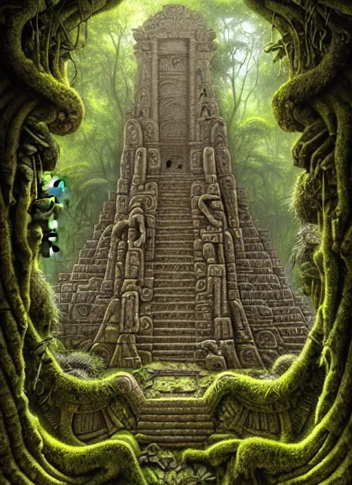 Image similar to inca temple stone carvings lost in the jungle, intricate, mossy, overgrown, elegant, highly detailed, centered, digital painting, artstation, concept art, smooth, sharp focus, illustration, artgerm, tomasz alen kopera, peter mohrbacher, donato giancola, joseph christian leyendecker, wlop, boris vallejo