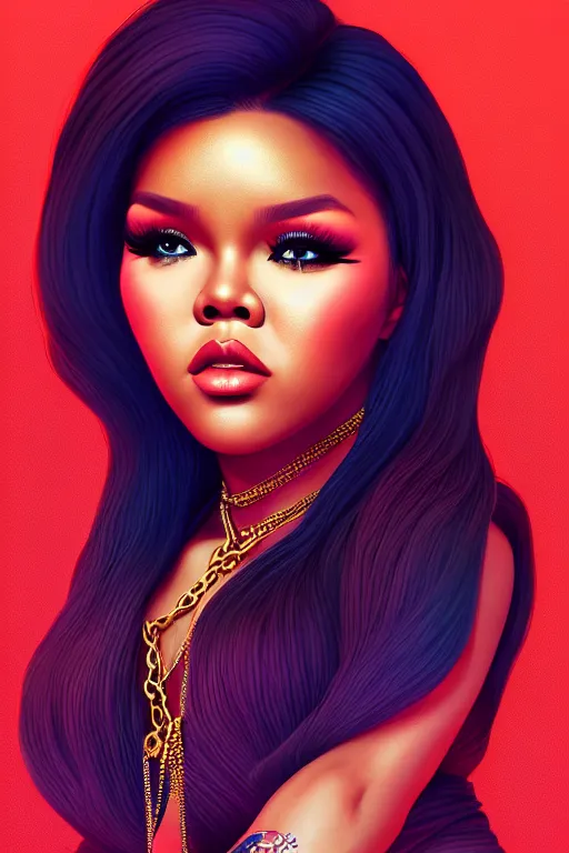 Image similar to portrait of young lil Kim rapper, Brooklyn background, highly detailed and rendered gold jewelry, digital art, intricate, sharp focus, Trending on Artstation, HQ, unreal engine 5, 4K UHD image, by brom, artgerm, face by Otto Schmidt