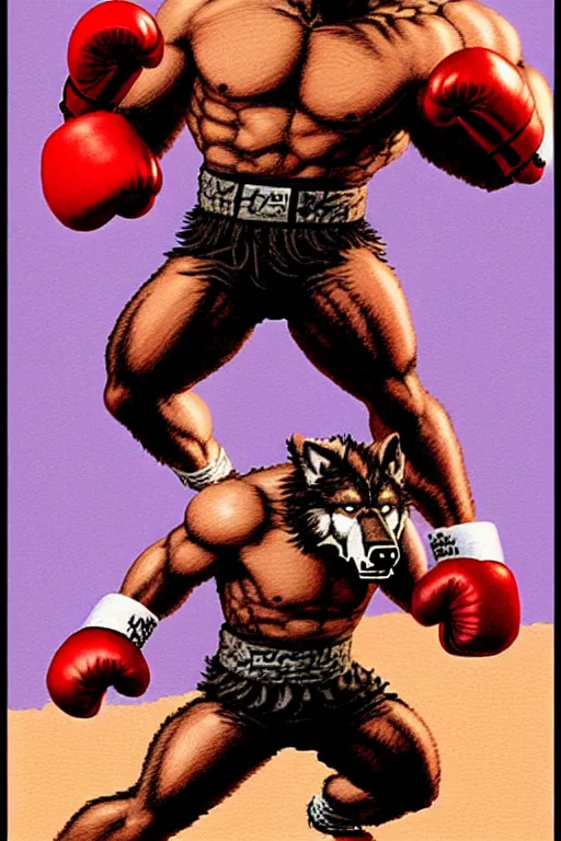 Image similar to extreme long shot. 8 bit nes graphics. antropomorphic muscular masculine wolf. kickboxer fighter, in shorts. wolf head. fine details, art from nes game cartridge, marc simonetti and hermann nitsch