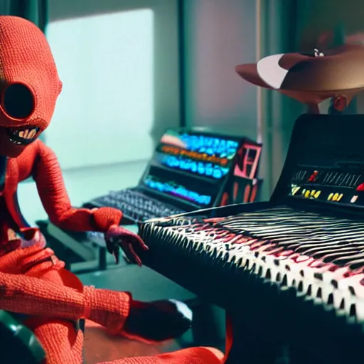 Image similar to cinematic film still of Pharrell Williams Making A Beat with an anthropomorphic alien, Japanese VFX, 2018, 400mm lens, f1.8, shallow depth of field,film photography