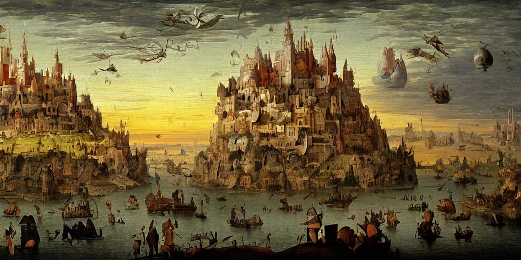 Image similar to floating islands at dusk megastructure in the style of heironymus bosch, intricate masterpiece, hyper detailed, hd