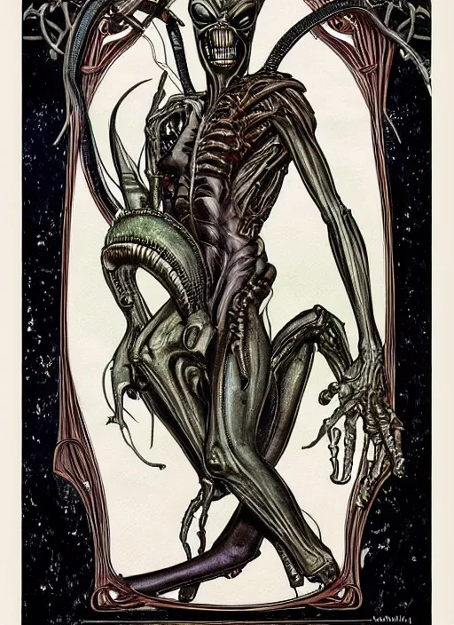 Prompt: a copic maker art nouveau portrait of a xenomorph by norman rockwell and giger