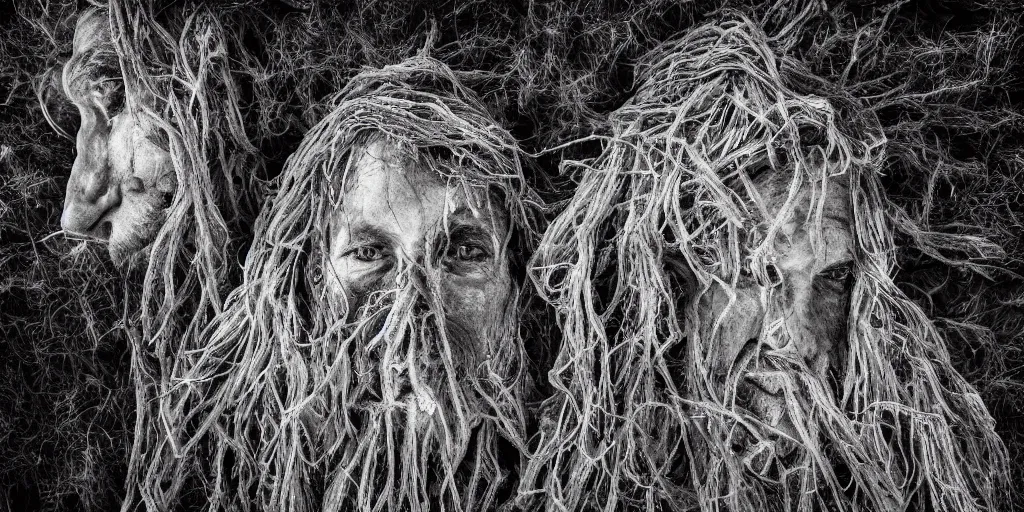 Image similar to photography of wood hay monsters, edelweiss growing from their head, forest, dolomites, alpine, detailed intricate insanely detailed octane render, 8k artistic 1920s photography, photorealistic, black and white, chiaroscuro, hd, by David Cronenberg, Raphael, Caravaggio