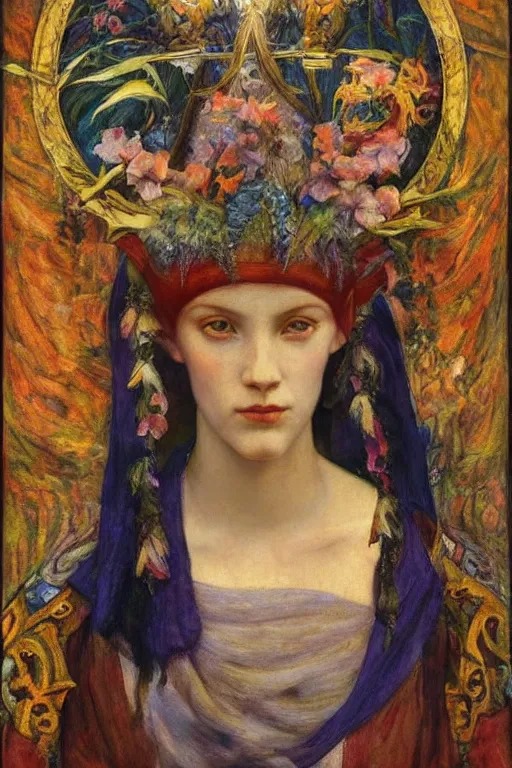 Image similar to queen of summer by Annie Swynnerton and Nicholas Roerich, strong dramatic cinematic lighting , ornate headdress , flowing robes, lost civilizations, smooth, sharp focus, extremely detailed