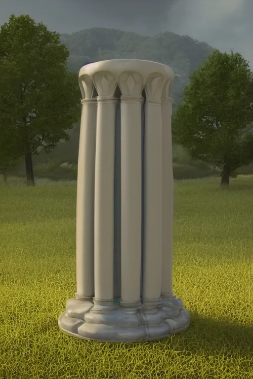 Image similar to a detailed modeling of an isolated lonely large porcelain pipe organ in the middle of a field, intertwined with a lone stone pillar, trending on artstation, render, 3 d, octane, 4 k, 8 k, unreal engine, cinema 4 d, baroque, art deco,