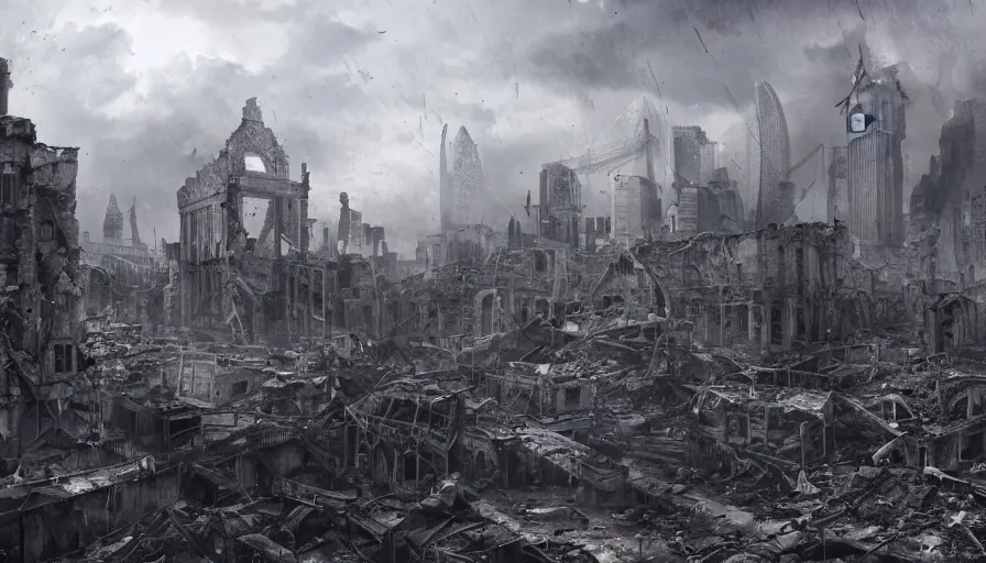 Prompt: ruins of london after years of war, grey sky, debris, damaged buildings, hyperdetailed, artstation, cgsociety, 8 k