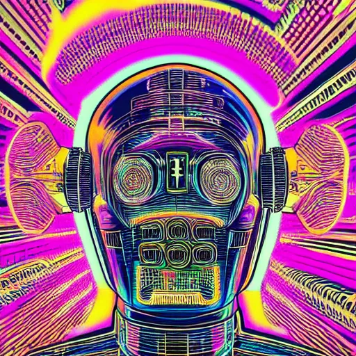 Image similar to a black tshirt with a hyperdetailed portrait of a cyberpunk robot by robert crumb, 8 k, symetrical, flourescent colors, happy trippy mood, multicolored,