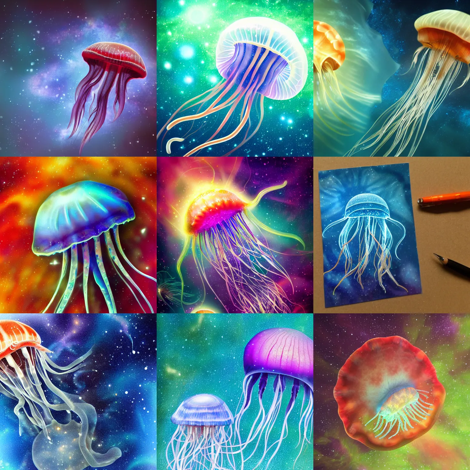 Prompt: Photorealistic jellyfish and a nebula