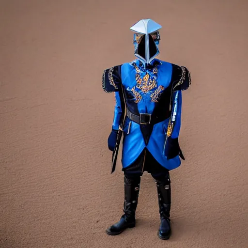 Image similar to low angle upper view of adult Austin Butler dressed in futuristic-baroque prussian blue duelist-garb with Griffin-Ram embroidery emblem, and nanocarbon-vest and greaves, standing in an arena in Dune 2020, XF IQ4, f/1.4, ISO 200, 1/160s, 8K, RAW, unedited, symmetrical balance, face in-frame