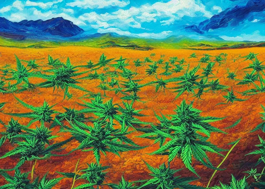 Prompt: beautiful cannabis fields on an alien landscape, colorful oil painting