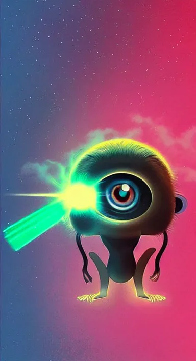 Image similar to “ big eye monkey holding laser gun floating in clouds, digital art, super aesthetic, art station childish style ”