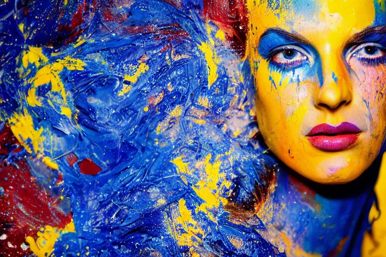 Prompt: a highly detailed cinematic headshot portrait photograph of a woman with a liquid paint headdress, with blue and orange and yellow paint splash, liquid, ultra realistic, beautiful rim lighting, by richard avedon and annie leibovitz and arnold newman, photorealistic, hyperrealistic, octane, hasselblad camera, zeiss lens, sharp focus, paint splash