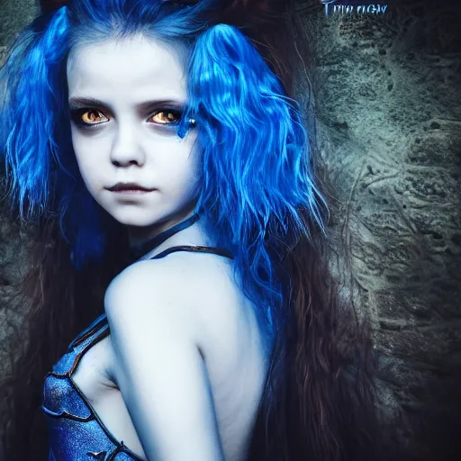 Image similar to The dragon girl portrait, portrait of young girl half dragon half human, dragon girl, dragon skin, dragon eyes, dragon crown, blue hair, long hair, highly detailed, cinematic lighting, by Tim Burton