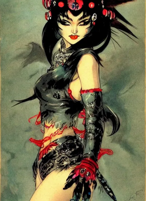 Image similar to mighty female korean vampiress, jeweled headdress, heavy mascara, strong line, saturated color, beautiful! coherent! by frank frazetta, high contrast, minimalism