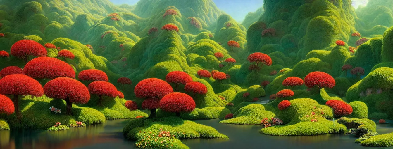 Prompt: a gorgeous very early spring series of lush islands separated by flower - lined streams, twisted gardens, flowers, fern fronds, all red, painting by barlowe wayne maxfield parrish and marco mazzoni. tree no leaf!!!! china mountain village!! very little light verdancy. ultra clear detailed. 3 d, octane render