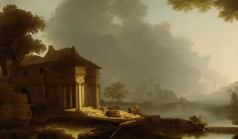 Image similar to A serene landscape with a singular building in the style of Hubert Robert.