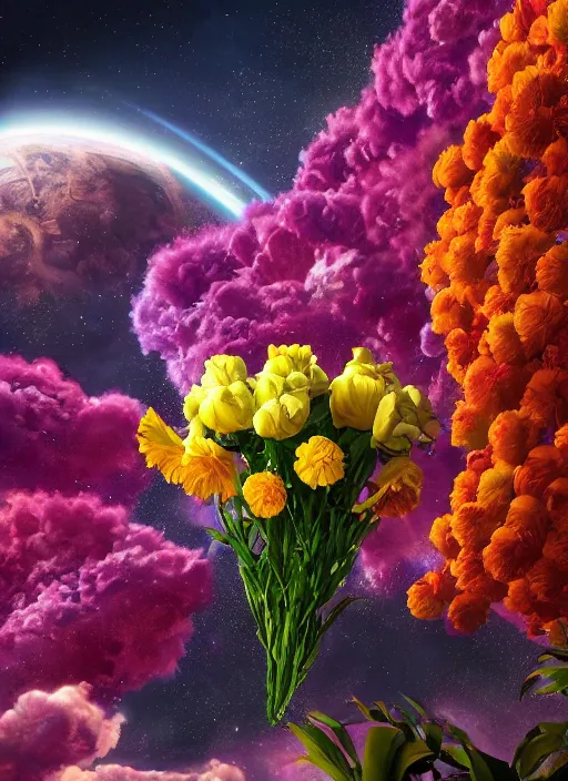 Prompt: An epic fantastic realism comic book style painting of the most beautiful flowers launched into space, bouquets, fisheye lens, unreal 5, DAZ, hyperrealistic, light burst, octane render, dynamic lighting