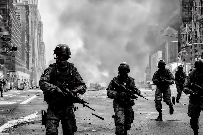 Prompt: Mercenary Special Forces soldiers in grey uniforms with black armored vest and black helmets assaulting a burning exploding devastated New York city in 2022, Canon EOS R3, f/1.4, ISO 200, 1/160s, 8K, RAW, unedited, symmetrical balance, in-frame, combat photography, colorful