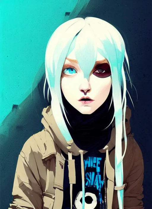 Prompt: highly detailed portrait of a sewer punk lady student, blue eyes, burberry hoodie, white hair by atey ghailan, by greg rutkowski, by greg tocchini, by james gilleard, by joe fenton, by kaethe butcher, gradient blue, black, brown and cyan color scheme, grunge aesthetic!!! ( ( graffiti tag wall background ) )