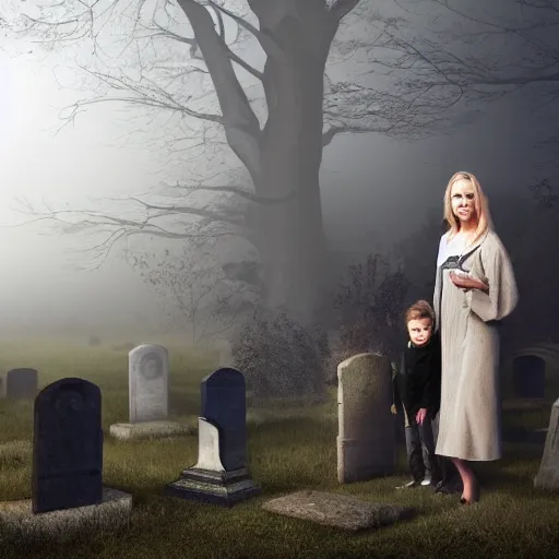 Prompt: a beautiful blonde woman with her kids in a grave yard, fog, scary, realistic, 8k resolution, hyperdetailed, highly detailed, real life, street lighting, high quality