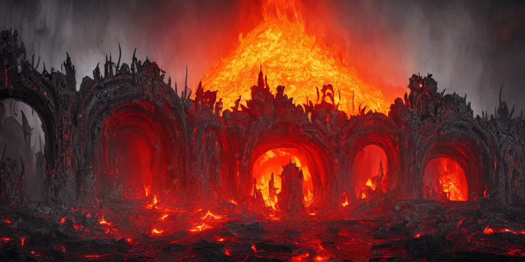 Prompt: a disturbing temple of the undead, grimdark feeling of horror, fire and lava, in psychodelic style of Midjourney, stylized, 8k high details, detailed and intricate, elegant, ornate, horror, elite, ominous, haunting, beautiful digital painting, cinematic, cgsociety, artstation, octane render, 8k, unreal engine