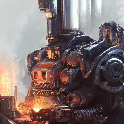 Prompt: portrait of adeptus mechanicus techpriest at a forge, by cedric peyravernay and feng zhu, highly detailed, excellent composition, cinematic concept art, dramatic lighting, trending on artstation