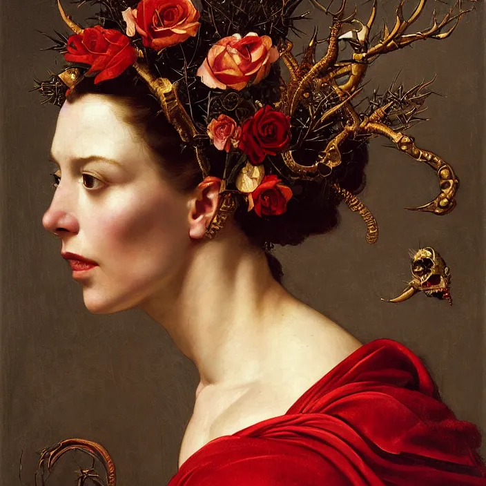 Image similar to portrait of a woman with a golden skull instead of a head, a wreath of thorns, a dress of bones and roses, horns, snakes, smoke, flames, full-length, oil painting in a renaissance style , very detailed, red background, painted by Caravaggio, Greg rutkowski, Sachin Teng, Thomas Kindkade, Alphonse Mucha, Norman Rockwell, Tom Bagshaw.