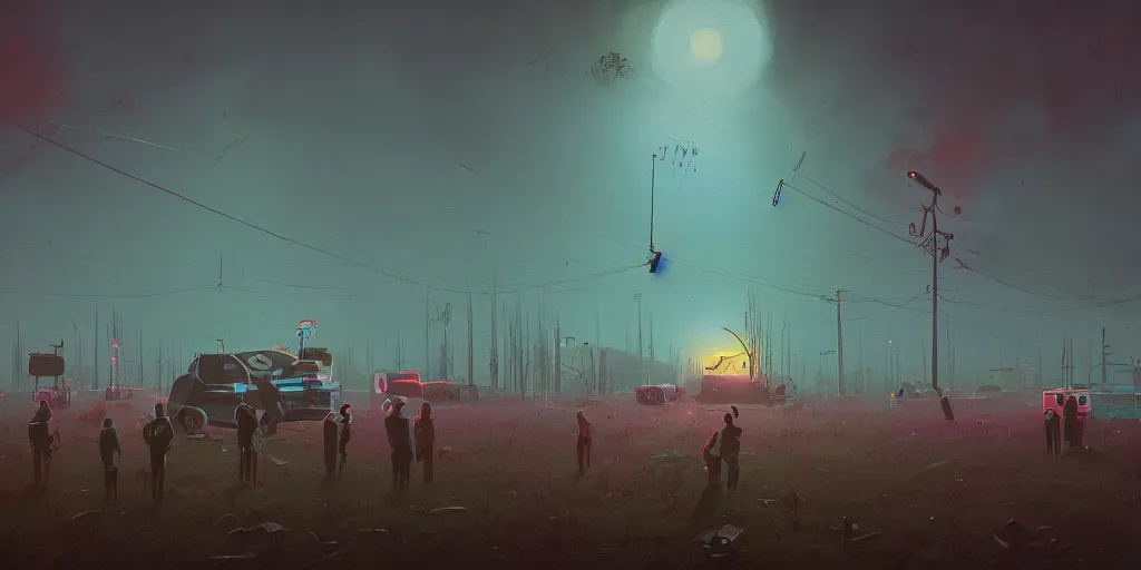 Image similar to people facing cosmic horror by simon stalenhag