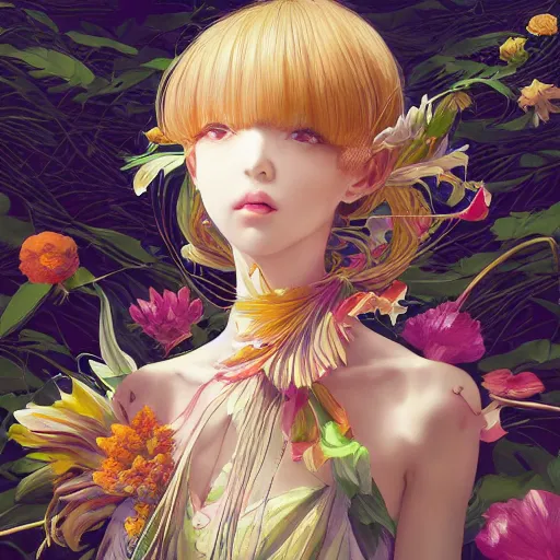 Image similar to the portrait of an absurdly beautiful, graceful, elegant young anime woman made of bananas and petals looking up, an ultrafine detailed illustration by kim jung gi, irakli nadar, intricate linework, bright colors, octopath traveler, final fantasy, angular, unreal engine 5 highly rendered, global illumination, radiant light, detailed and intricate environment