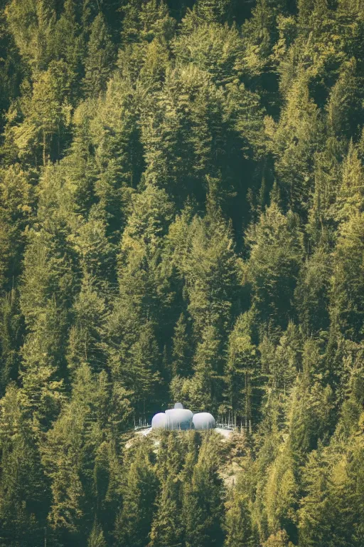 Image similar to sci fi nuclear containment buildings in a steep sided valley with trees, madman in gasmask fighting mutants, a sense of hope and optimism, birds overhead, stark light, day time, unsplash, national geographic, hd, high res