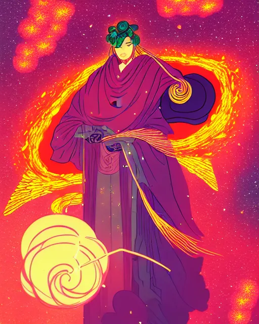Image similar to a character portrait of a male angel with golden fiery wings, surrounded by spiriling sparkling rose crystals and galaxies, hyper light drifter, ukiyo - e trending on artstation