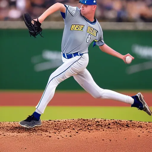 action photo of kyle funkhouser pitching, in uniform