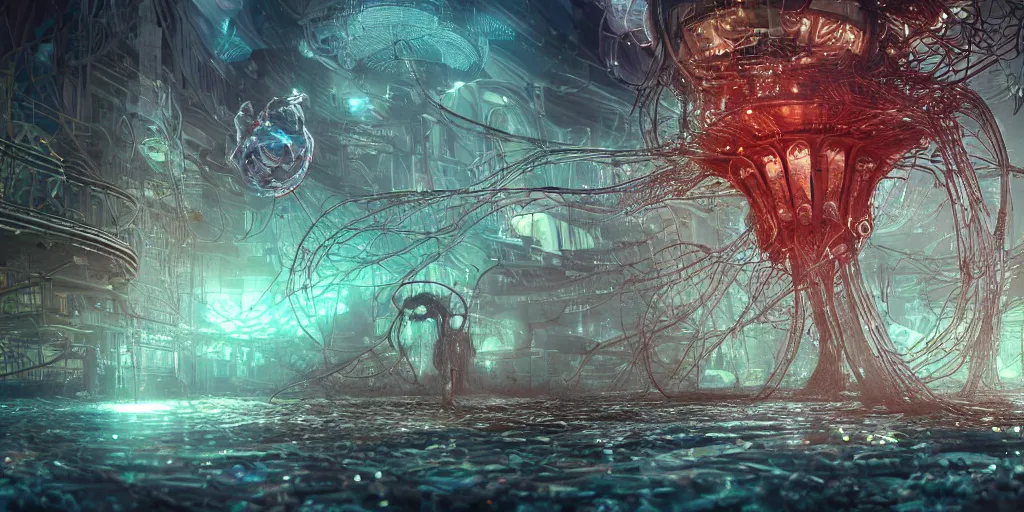 Image similar to photoreal hyper detailed epic story dramatic scene mechanical eldritch robotic cyberpunk mainframe mind-blowing epic microcircuitry cybernetic fantastical beings dancing reflective logic circuits robot metallic outerworldly creatures, floating phytoplankton-diatom robot jellyfish, against a multidimensional multiverse background, bizarre hard electronic transparent hive mind, 8k octane render, unreal engine 5, extremely intricate high detail, 8K detail post processing, path based unbiased rendering, moody lighting rendered by octane engine