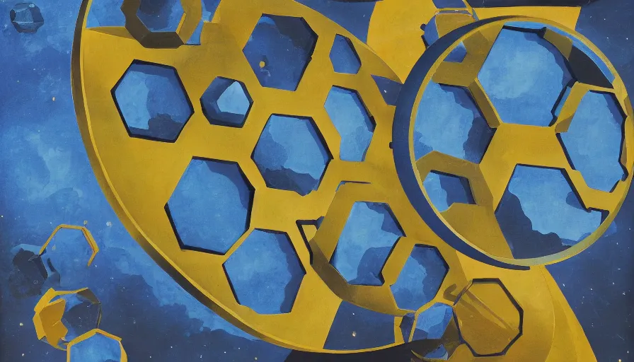 Prompt: hexagon shields, floating in space, blocking the sun, art deco painting