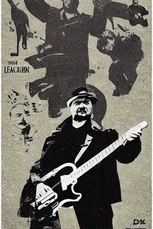 Prompt: “Lenin with Fender Telecaster in a Soviet propaganda poster, in the style of Dmitry Moor”