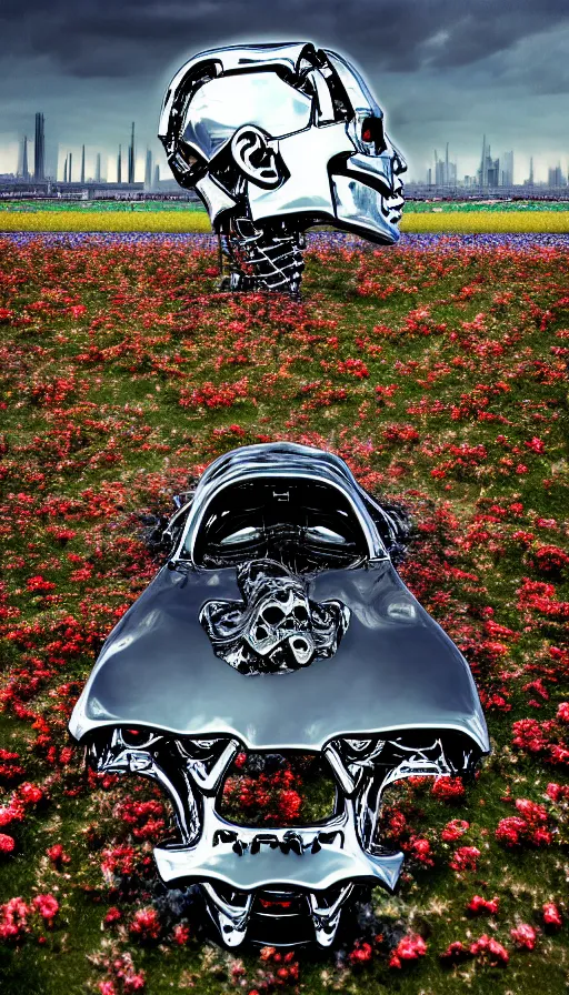 Image similar to destroyed terminator lying in a field of flowers, twisted metal, chrome, reflections, earth, terrible, anthropomorphic, photorealism, smoke, metal, 8 k, surreal, wires, smooth, sharp focus, top view, extremely detailed, ultra - realism, elegant, establishing shot, epic, by jeff koons, artgerm and greg rutkowski