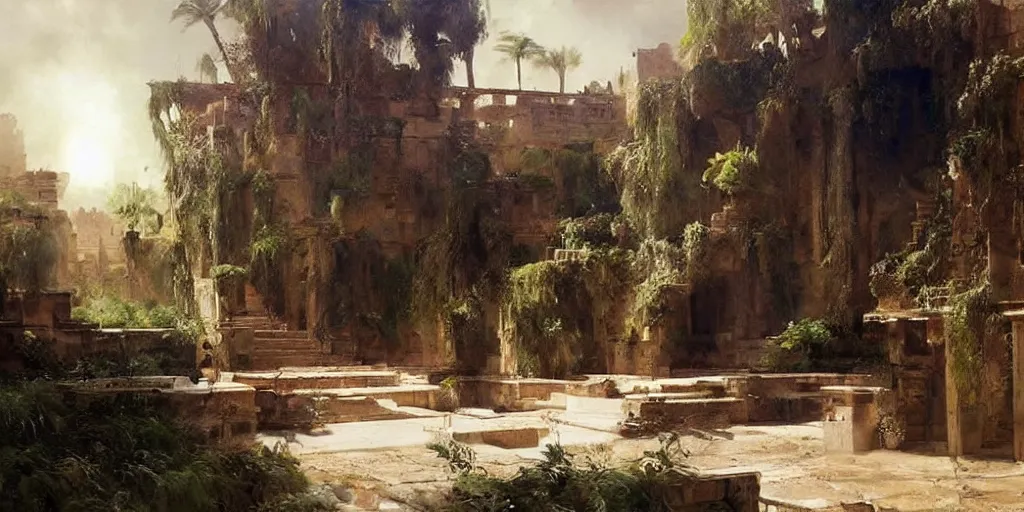 Image similar to beautiful landscape oil matte painting, of ancient hanging gardens of babylon, art by anders zorn, wonderful masterpiece by greg rutkowski, beautiful cinematic light, american romanticism, by thomas lawrence, greg rutkowski