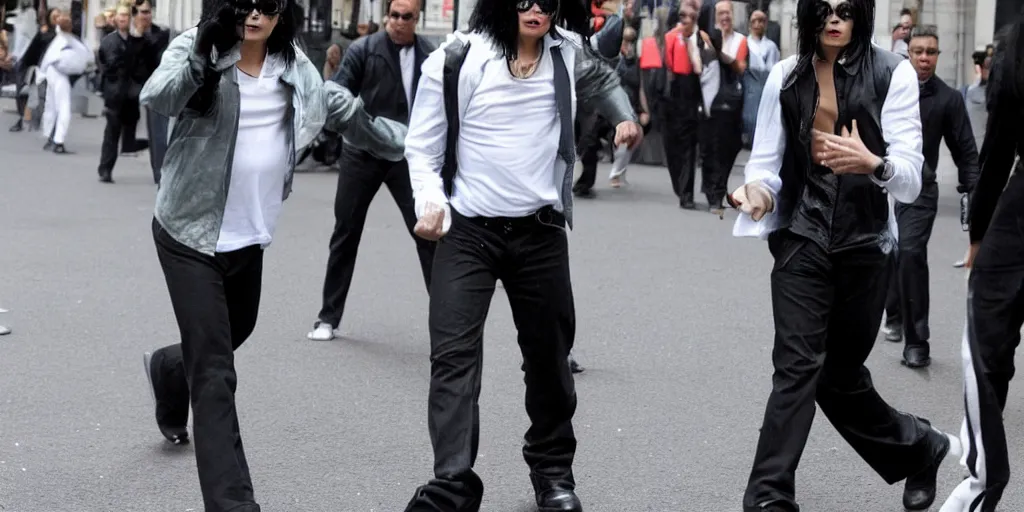 Prompt: michael jackson 2 0 0 9 wearing shades, alone, this is it style, photo real, motion blur, spotted with body guards in london across the road, walking, in the distane, by himself, real life, spotted, ultra realistic face, accurate, 4 k, movie still, uhd, sharp, detailed, cinematic, render, modern