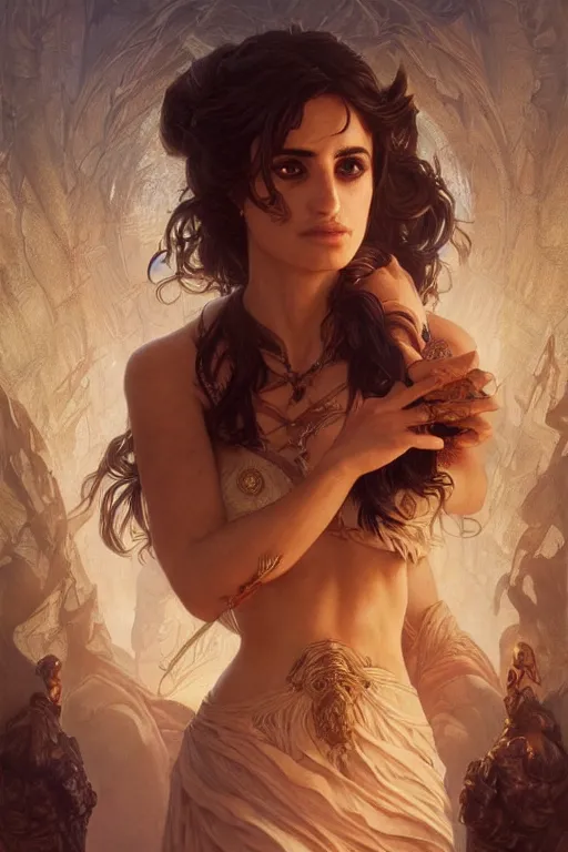 Image similar to penelope cruz , D&D, fantasy, intricate, cinematic lighting, highly detailed, beautiful, digital painting, artstation, masterpiece, concept art, smooth, sharp focus, illustration, art by Artgerm and Greg Rutkowski and Alphonse Mucha and william-Adolphe Bouguereau