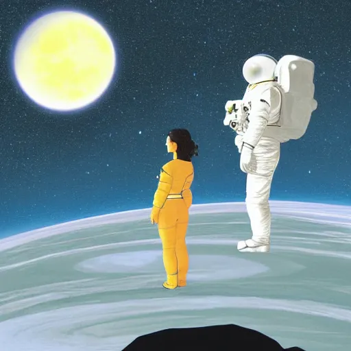 Image similar to Computer art. A beatiful illustration of a planet with two moons in the background. In the foreground, there is a woman wearing a spacesuit and holding a phaser. She is standing on a rocky surface, and there is a ship in the distance. by Terada Katsuya, by Bob Ross peaceful
