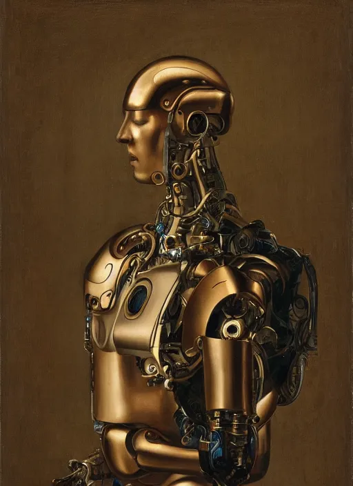 Image similar to a portrait of a robot cyborg by Petrus Christus, renaissance style