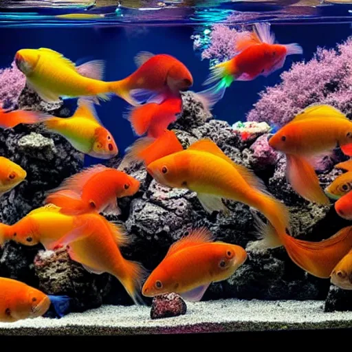 Image similar to extremely obese beautiful colorful goldfish in an aquarium, photography