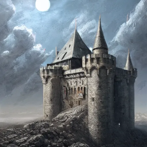 Prompt: hyperrealist portrait of a medieval castle on the Moon by Cedric Peyravernay, highly detailed, excellent composition, cinematic concept art, dramatic lighting