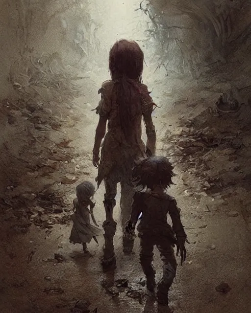 Image similar to a child zombie walking after a scared teenager by jean baptiste monge and greg rutkowski, painterly