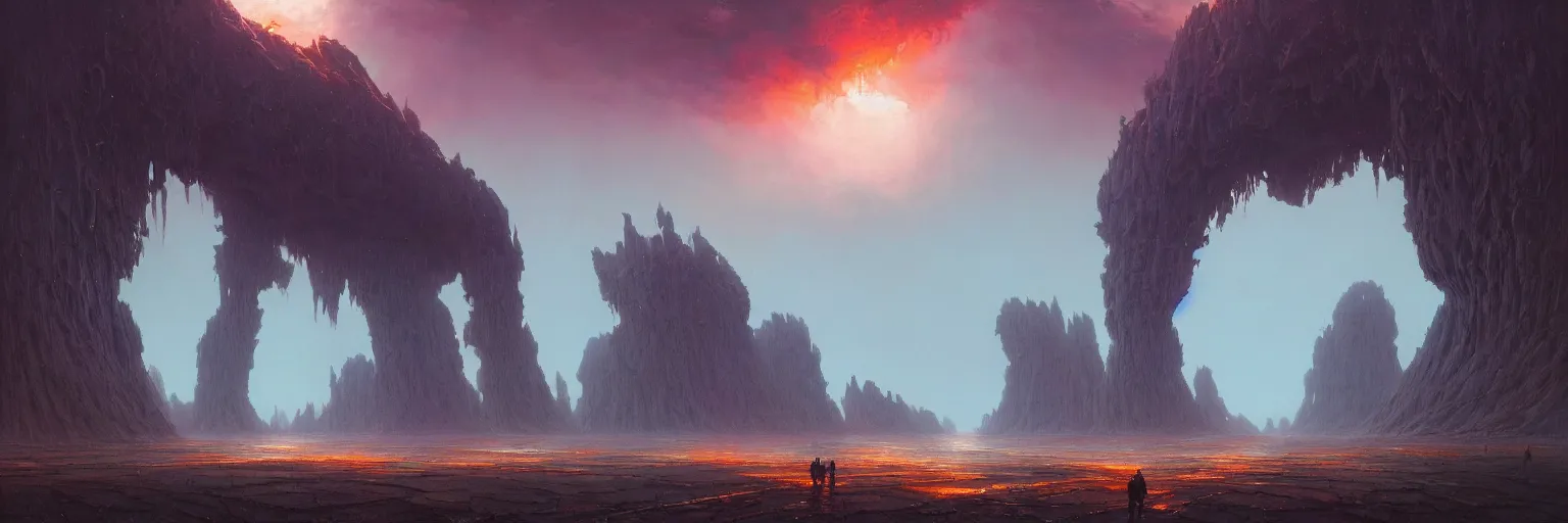 Prompt: a colossal portal to the metaverse, by Wayne Barlowe, by Simon Stalenhag, by Bruce Pennington, by Greg Rutkowski, masterpiece, oil on canvas, trending on artstation, featured on pixiv, cinematic composition, epic scene, dramatic lighting, sharp, extreme details, no frames, 8K