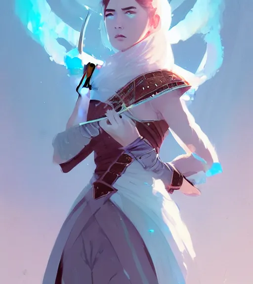 Prompt: portrait of a female sword immortal queen in amazing dress 汉 服 by atey ghailan, by greg rutkowski, by greg tocchini, by james gilleard, by joe fenton, by kaethe butcher, dynamic lighting, gradient light blue, brown, blonde cream and white color scheme, grunge aesthetic