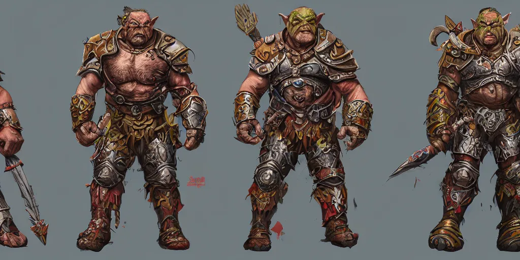 Image similar to different views of orcs in armour, colourful intricate!! concept art by senior character artist, trending on artstation, full body character design