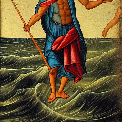 Prompt: the apostle Andrew fished from the pier, and the savior walked on the water, biblical illustration